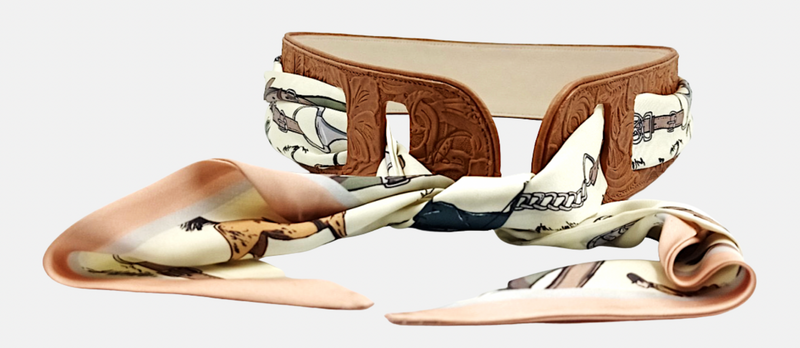 Wild Silks Reversible Leather Belt — Tooled Tan & Cream